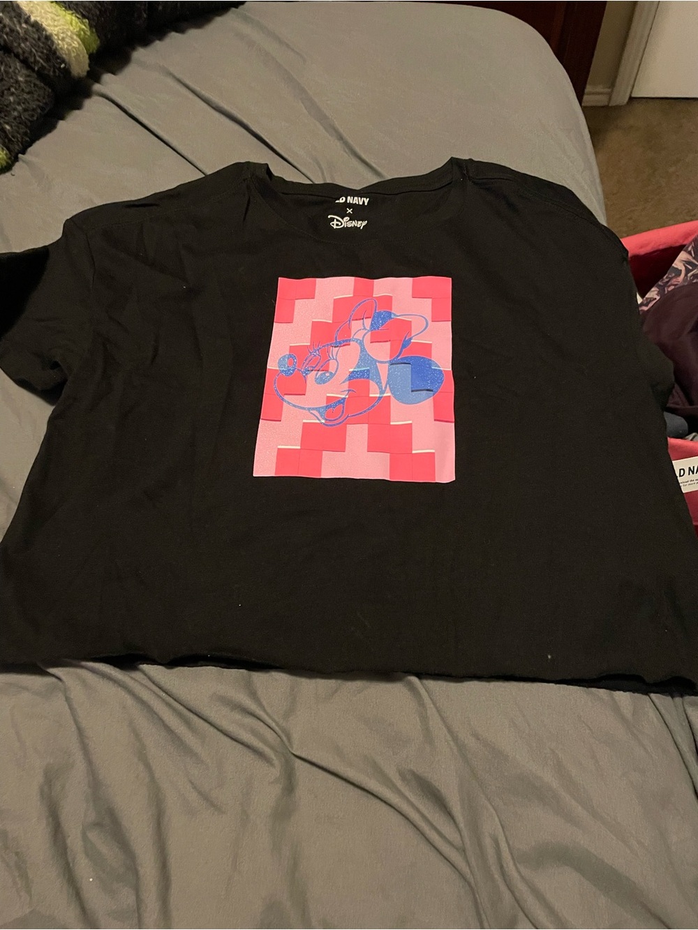 Old Navy Black Tee with Pink & Blue Mickey Graphic